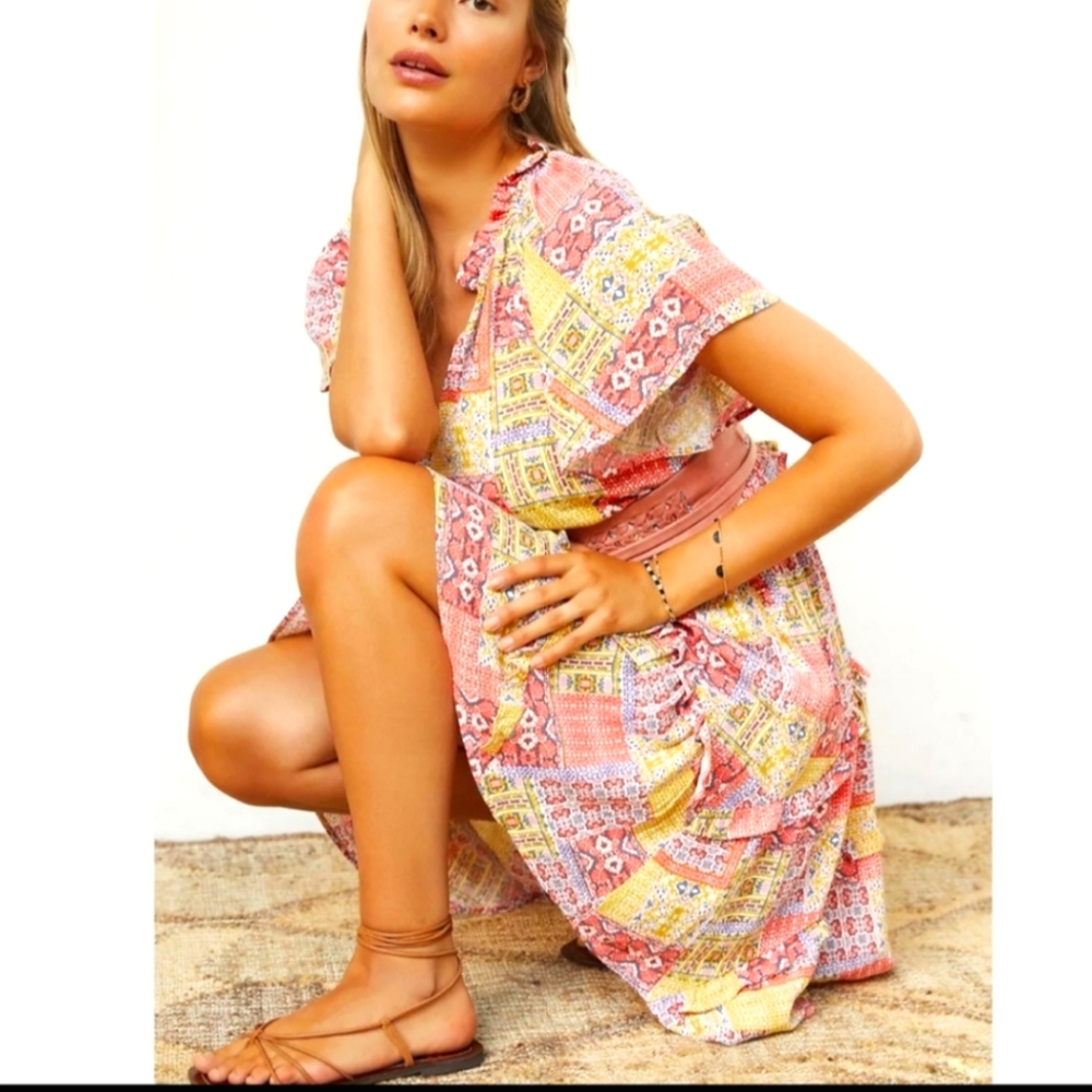 Anthropologie Robin Tiered red yellow floral mini sundress short sleeves Large - Picture 3 of 16